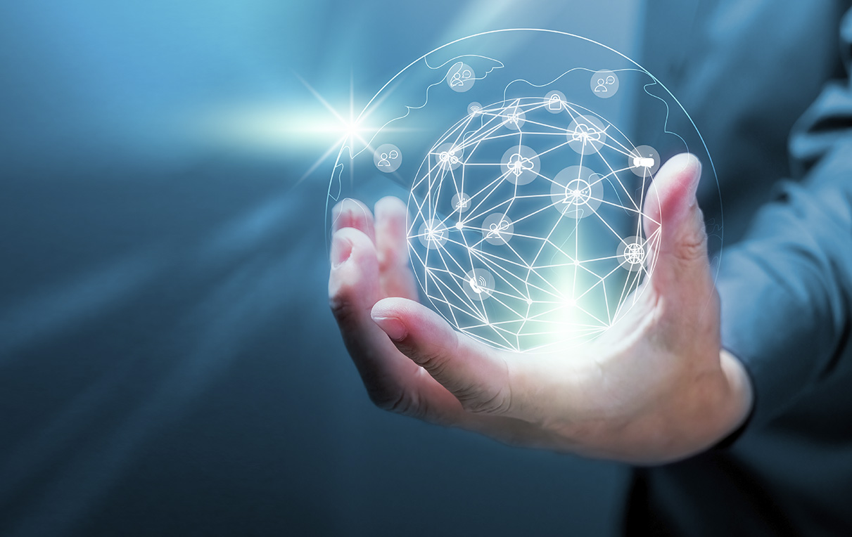 Businessman holding of global data network and social network of databases. Social media technology online Connect